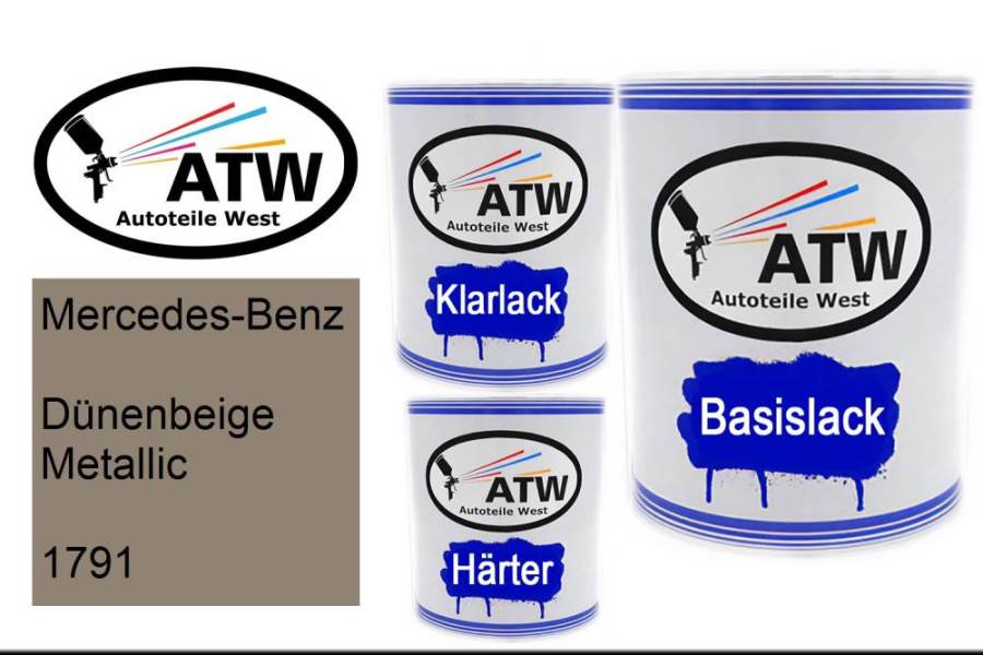 Mercedes-Benz, Dünenbeige Metallic, 1791: 1L Lackdose + 1L Klarlack + 500ml Härter - Set, von ATW Autoteile West.